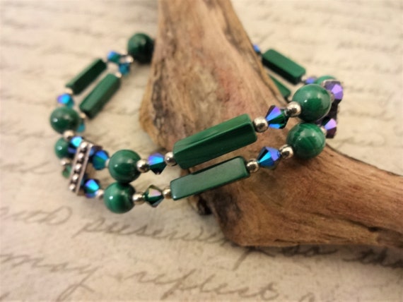 Malachite Gemstone Bracelet Two Strand Green Stone and Swarovski Crystal Bracelet, Gift for her