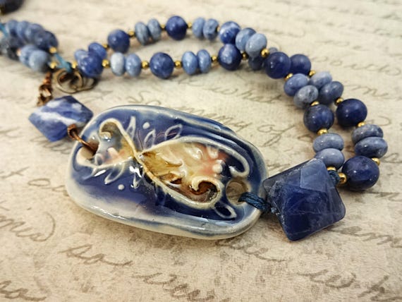 Artisan Ceramic Bracelet: Sodalite Antique Brass Blue Brown Beige
