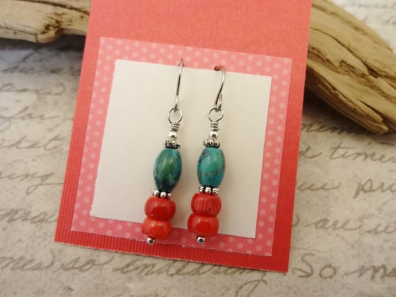 Turquoise and Coral Gemstone Earrings, Gift for Her, December Birthstone, Birthday Gift, Southwestern Jewelry