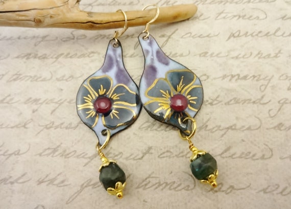 Handmade Enamel Flower Earrings: Gold Accented Labradorite Dangles