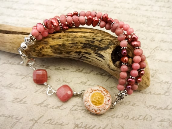 Boho Bracelet, Rose Pink Gemstone and Pearl Bracelet, 3 Strand Bracelet, Gemstone Bracelet, Artisan Ceramic, Gift for Her