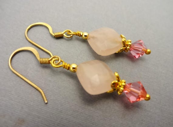 Rose Quartz Earrings: Swarovski Crystal, Gold Plated Steel