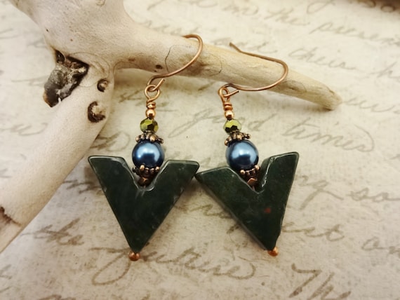 Dark Green Bloodstone and Pearl Earrings, aka Heliotrope, Gemstone Freshwater Pearl and Crystal Earrings