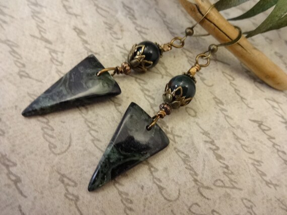 Kambaba Jasper and Bloodstone Earrings, Stone Triangle Earrings, Dark Green and Black Jasper Earrings, Gift for Her