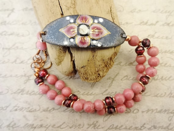 Artisan Enamel Gemstone and Pearl Bracelet in Pink and Maroon, Flower Jewelry, Gift for Her, Rhodonite Bracelet