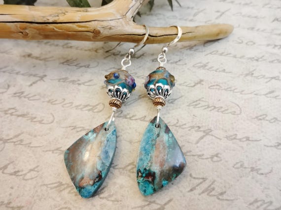 Natural Shattuckite Wings and Lampwork Glass Earrings; Dark Aqua Blue Gemstones