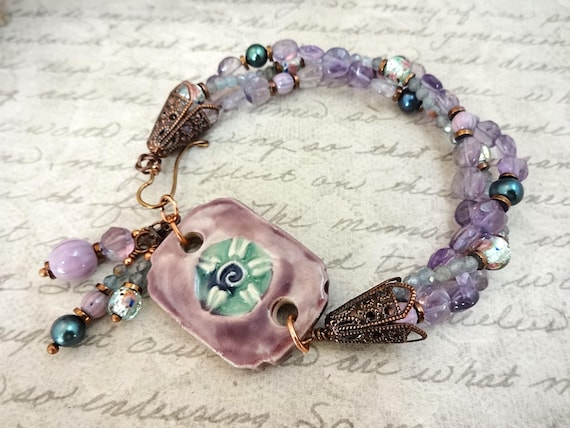 Artisan Ceramic Bracelet: Fluorite Labradorite Enamel Pearls Foil Glass