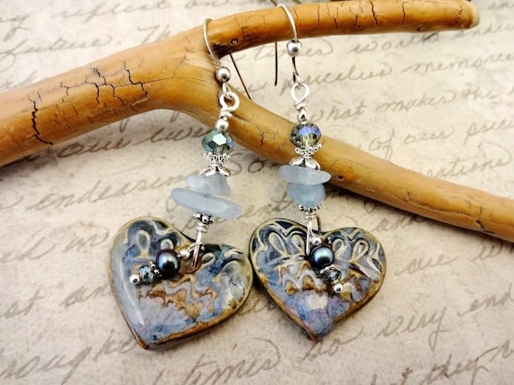 Artisan Ceramic Heart Earrings: Aquamarine Sterling Silver Dangle