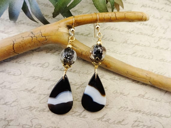 Striped Onyx Teardrop Earrings, Gold Filled French Hooks, Boho Chic