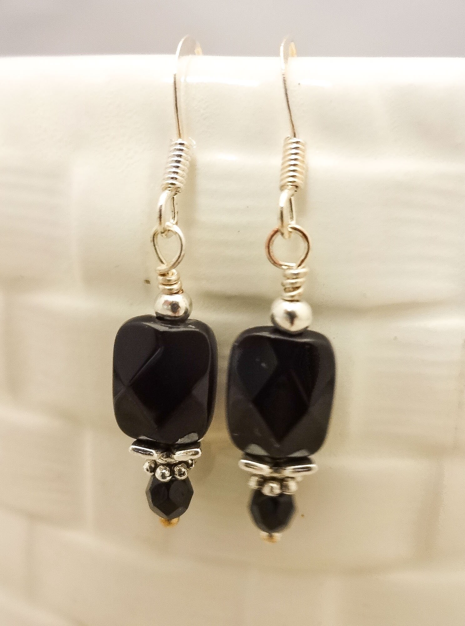 Black Onyx Faceted Rectangle Gemstone Earrings