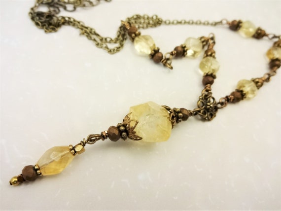 Citrine, Antique Brass and Brown Czech Glass Necklace, Filigree Vintage Style Jewelry with Natural Gemstones