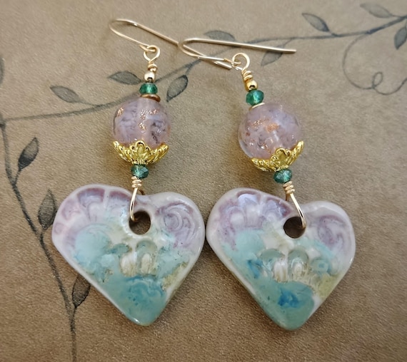 Artisan Ceramic Heart Earrings: Lavender and Green Pastel Jewelry