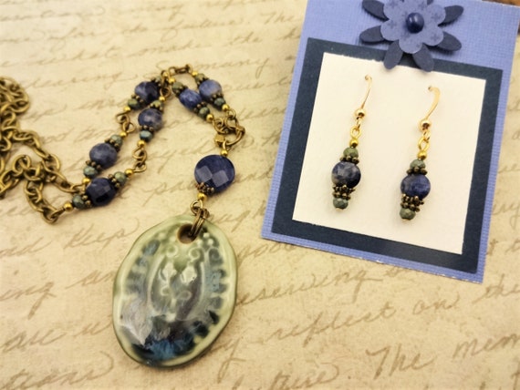 Sodalite and Porcelain Pendant Necklace, Artisan Ceramic Pendant, Dark Blue and Green Necklace and Earring Set, Gift for Her