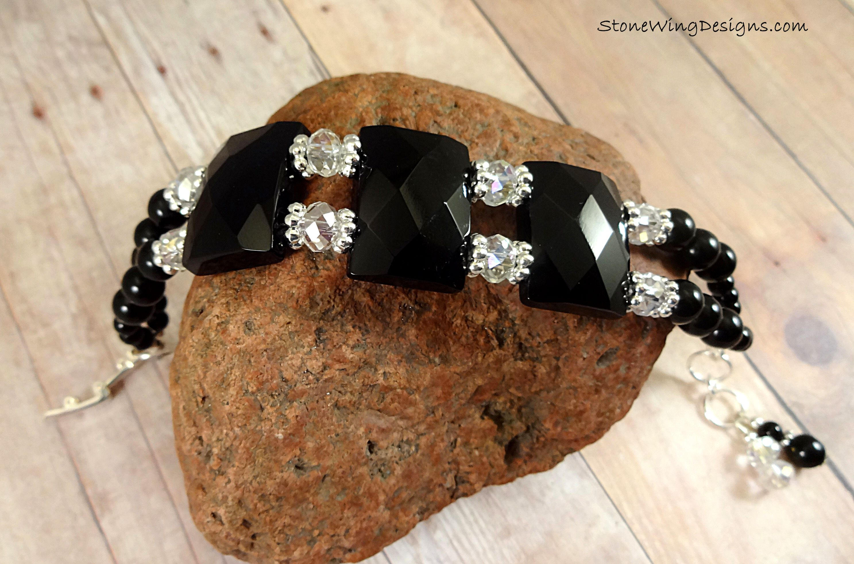 Black Onyx and Swarovski Crystal Bracelet, Statement Jewelry, Black