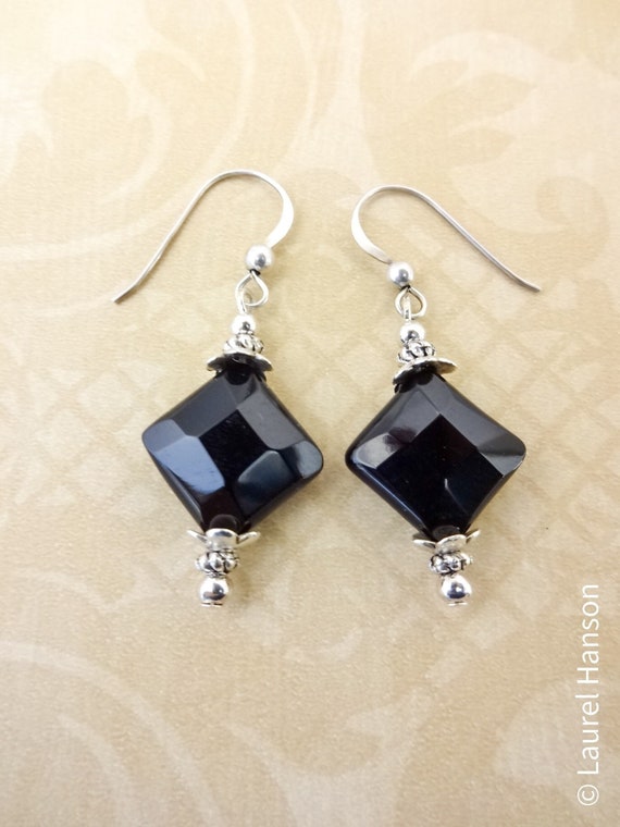 Black Onyx Gemstone Earrings, Black and Silver Earrings, Black Onyx Jewelry, Gift for Wife, Gift for Her