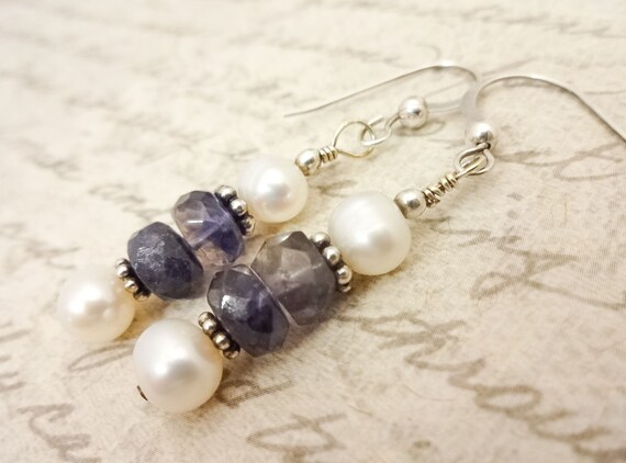 Iolite Gemstone and Freshwater Pearl Earrings with Sterling Silver Ear Wires, Gift for Mom, Gift for Her