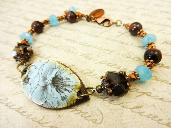 Imagine Blue Ceramic Flower Bracelet with Smoky Quartz, Red Tigers Eye and Blue Czech Glass, Blue and Brown Bracelet