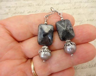 Larvikite Gemstone Earrings: Gray Pearl Dangle, Surgical Steel