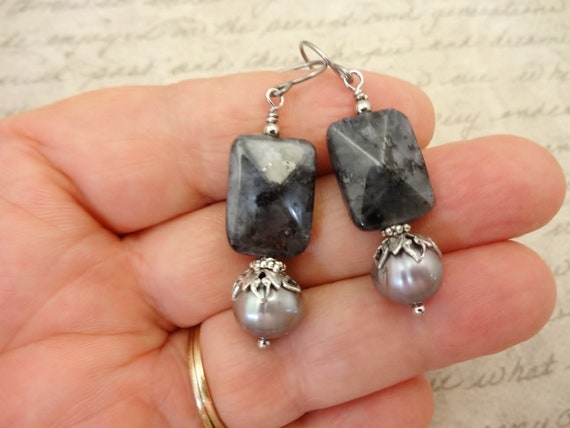 Larvikite Gemstone and Gray Pearl Earrings, Gray Black Gemstone Earrings, Black Labradorite Earrings, Gift for Her