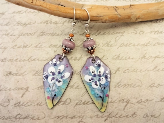 Handmade Enamel Dangle Earrings: Lavender Aqua Boho Jewelry