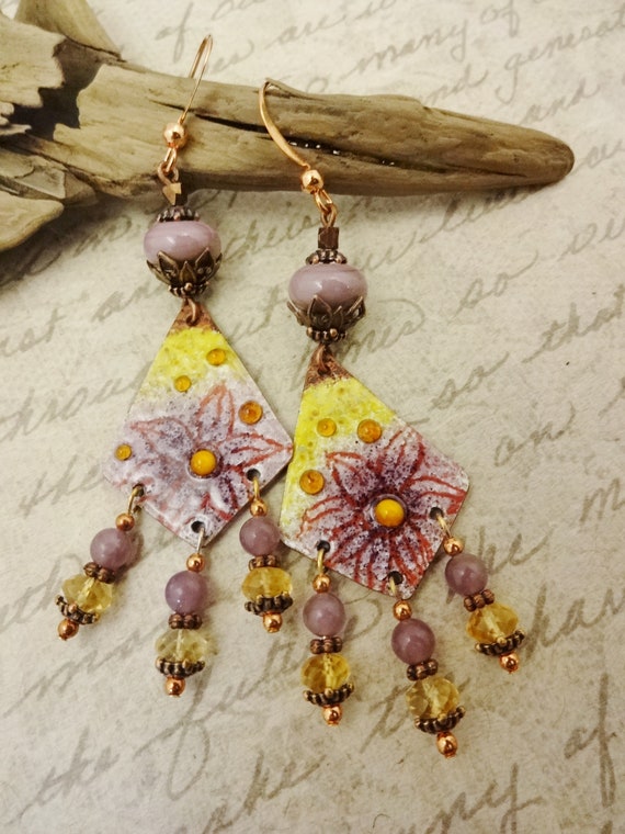Artisan Enamel Dangle Earrings: Yellow Gold, Citrine & Lepidolite