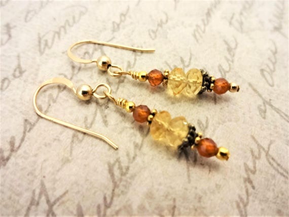 Citrine and Hessionite Garnet Gemstone Earrings, Yellow and Orange Stone Earrings, Birthstone Earrings, November Birthstone