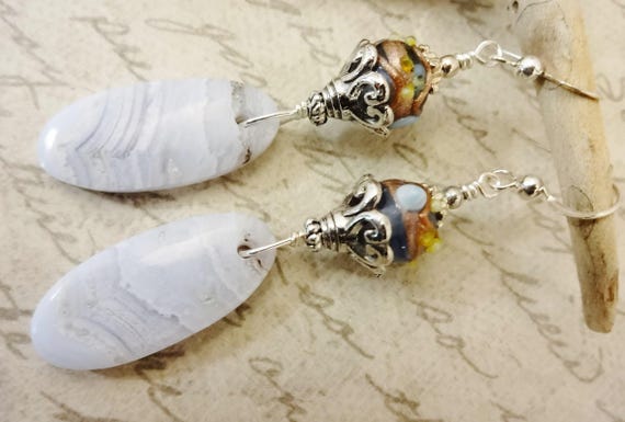 Blue Lace Agate Earrings: Lampwork Glass Earrings