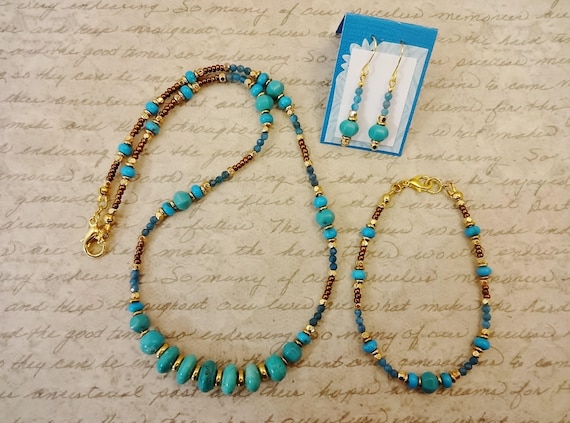 Turquoise and Apatite Necklace Bracelet and Earrings Set: Genuine Turquoise Jewelry