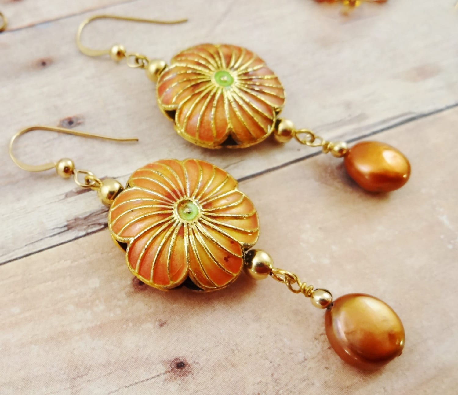 Enamel Earrings, Coin Pearl Earrings, Flower Earrings, Boho Earrings