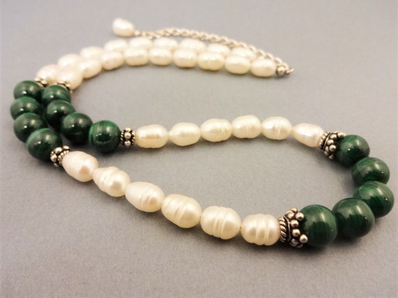 Malachite and Pearl Necklace, Green and White Gemstone Necklace, Malachite Gemstone Jewelry, Gift for Her