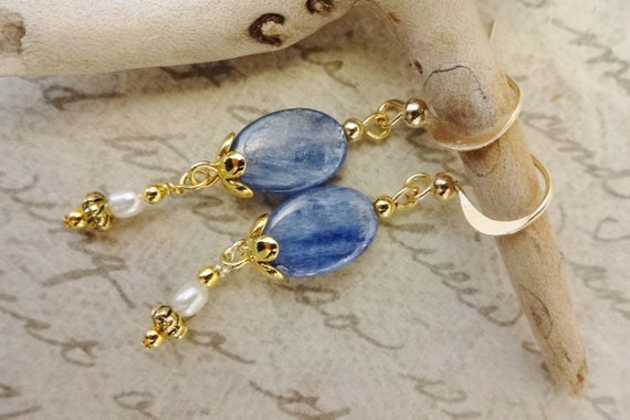 Kyanite and White Pearl Earrings, Blue Gemstone Earrings, Blue Kyanite Jewelry, Gift for Mom, Gift for Wife
