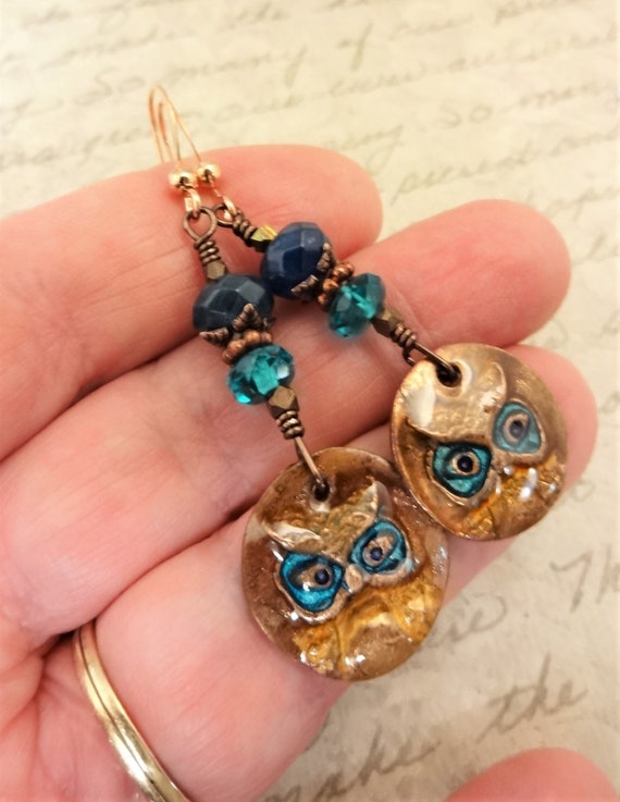 Copper Owl and Faceted Apatite Earrings, Artisan Earrings, Copper and Blue, Gift for Bird Lover, Gift for Her