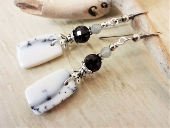 Dendritic Opal with Microfaceted Garnet Coins and Labradorite Gemstones, Artisan Earrings, October and January Birthstones