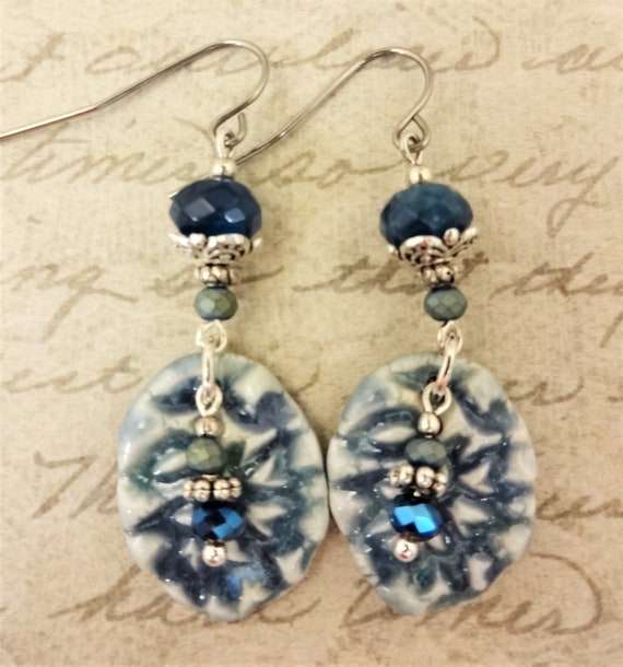 Artisan Ceramic, Apatite and Czech Firepolish Earrings in Shades of Blue, One of a Kind Earrings, Blue Apatite Gemstone Jewelry