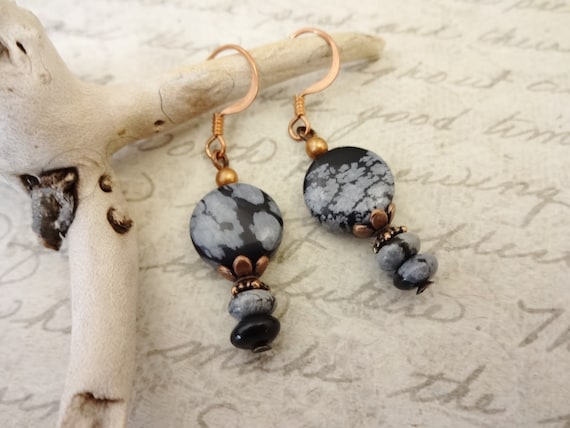 Snowflake Obsidian Earrings, Black and Gray Earrings, Black Stone Jewelry, Natural Stone Earrings, Gift for Her