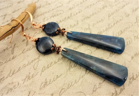 Wire Wrapped Blue Apatite Gemstones in Extra Long Earrings with 14k Gold Fill Ear Wires, One of a Kind Jewelry