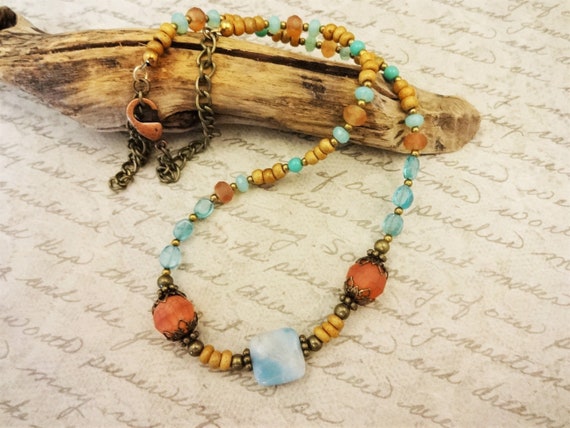 Amazonite, Apatite, Orange Glass, Antique Brass, Casual Everyday Necklace, Boho Style Jewelry, Unique Stone Jewelry, Gift for Her