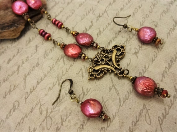 Rose Coin Pearl Vintage Style Necklace with Fancy Brass and Freshwater Pearls, Gift for Her, Romantic Gift