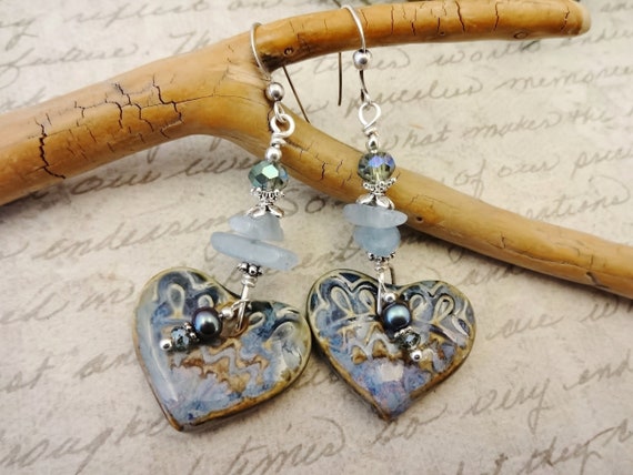 Artisan Ceramic Heart and Aquamarine Earrings, Blue and Purple Heart Earrings, One of a Kind Gift for Her