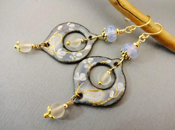 Handmade Enamel Bird Earrings: Gold Accented Birds Lampwork Quartz