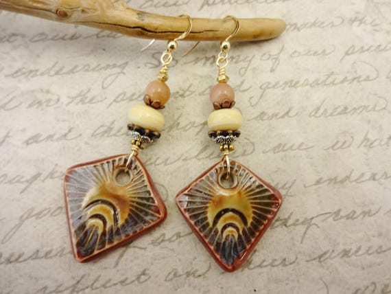 Artisan Ceramic Moon Phase Earrings: Beige Lampwork Rhodonite