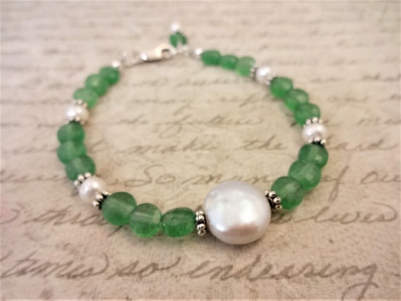 Faceted Green Quartz and Freshwater Pearl Bracelet, Gemstone and Pearl Bracelet, Green Gemstone Jewelry, Gift for Her