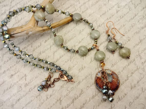 Artisan Ceramic Pendant Necklace with Green Jasper & Czech Glass - Boho Jewelry Set