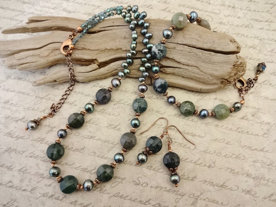 Moss Agate and Pearl Jewelry Set, Necklace Earrings and Bracelet Set, Green Gemstones and Pearls