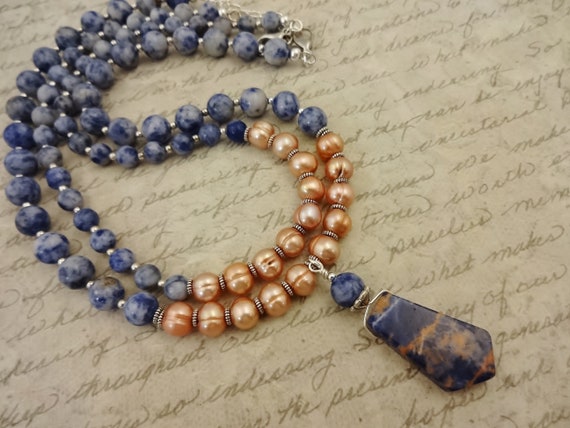 Sodalite and Peach Freshwater Pearls Necklace, Orange Sodalite Pendant Necklace, Chunky Necklace, One of a Kind