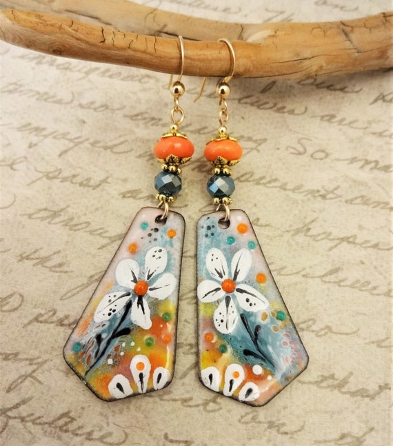 Artisan Enamel Earrings, Aqua and Orange One of a Kind Artisan Earrings, Handmade Earrings, Gift for Her