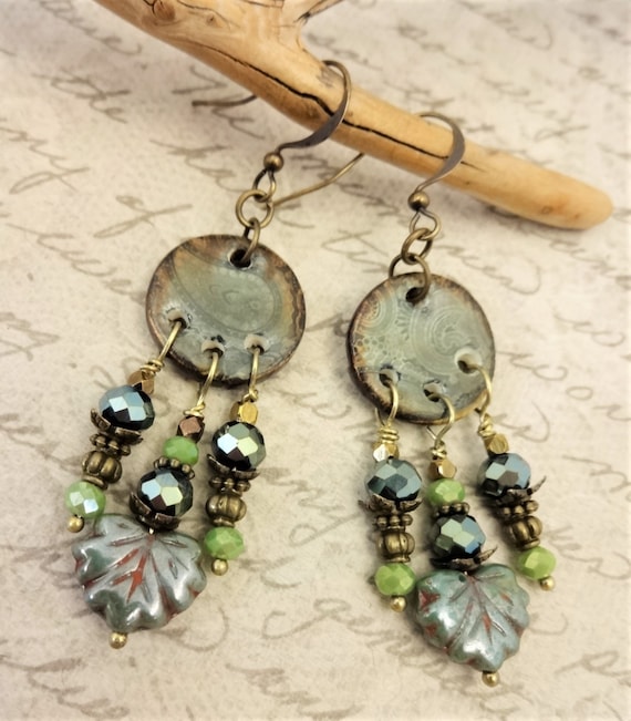 Boho Chandelier Earrings: Green Czech Glass, Ceramic Paisley Dangles