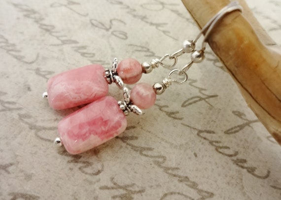 Rhodochrosite Gemstone Earrings, Pink Gemstone Earrings, Feminine Jewelry, For Her, Gift for Mom, Gift for Wife