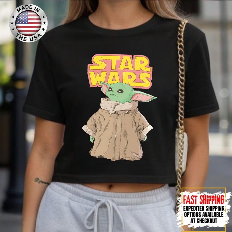 Disney Star Wars Baby Yoda Crop Top, Mandalorian Crop Tee, Galaxy's Edge Crop, Darth Vader, Chewbacca, Star Jedi, Luke Skywalker Crop Top image 1