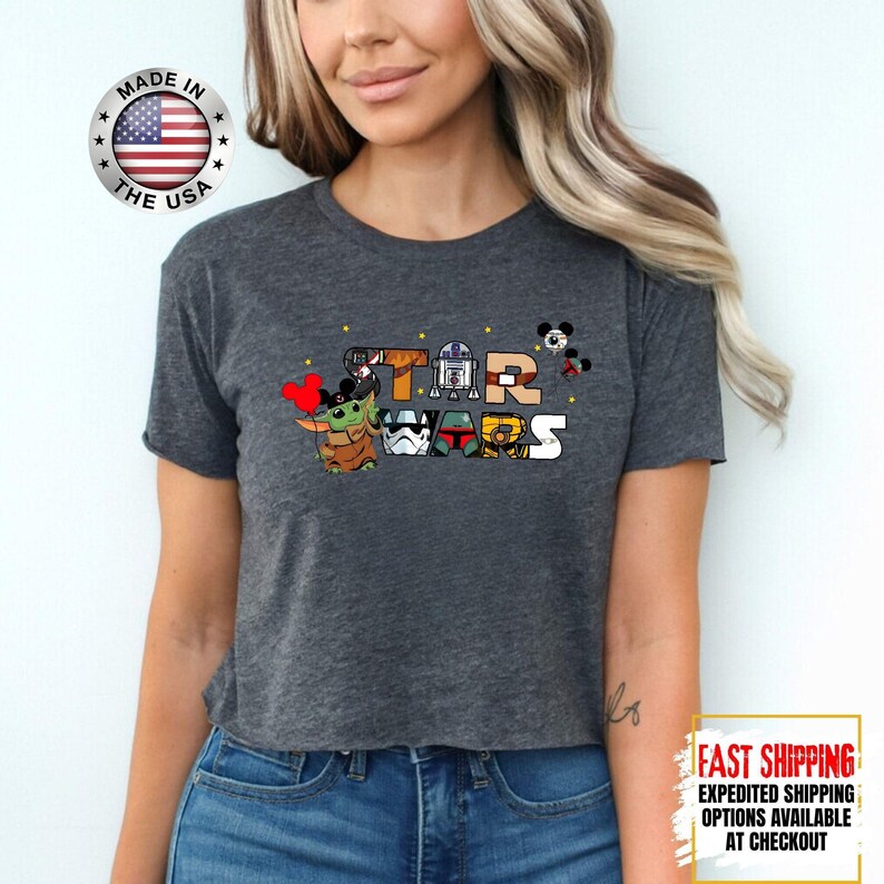 Top corto Disney Star Wars, camiseta corta Mandalorian, top corto Galaxy's Edge, Darth Vader, Chewbacca, Star Jedi, top corto Luke Skywalker imagen 14